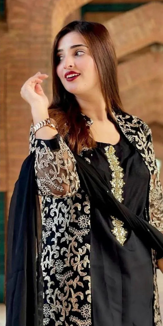 3 Pcs Women's Stitched Shamoz Silk Embroidered Suit