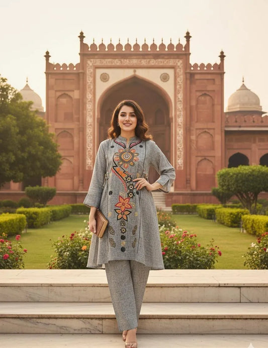 Stylish Women's Stitched Printed Khaddar Shirt and Trouser Set - 2 Pcs in Grey