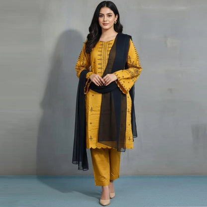 Mustard Linen Embroidered Suit Set - 3 Pcs with Chiffon Dupatta