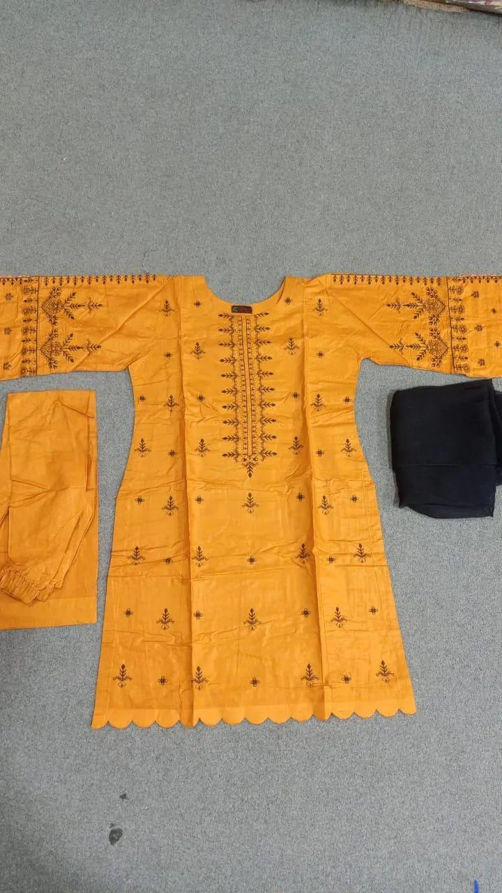 Mustard Linen Embroidered Suit Set - 3 Pcs with Chiffon Dupatta