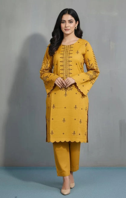 Mustard Linen Embroidered Suit Set - 3 Pcs with Chiffon Dupatta