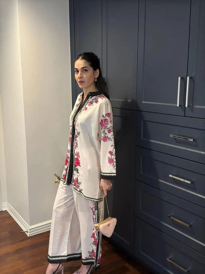 2 Pcs Women's Stitched Swiss Lawn Printed Co-Ord Set