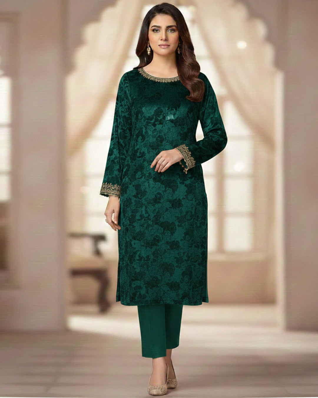 2 Pcs Women's Unstitched Printed velvet Suit