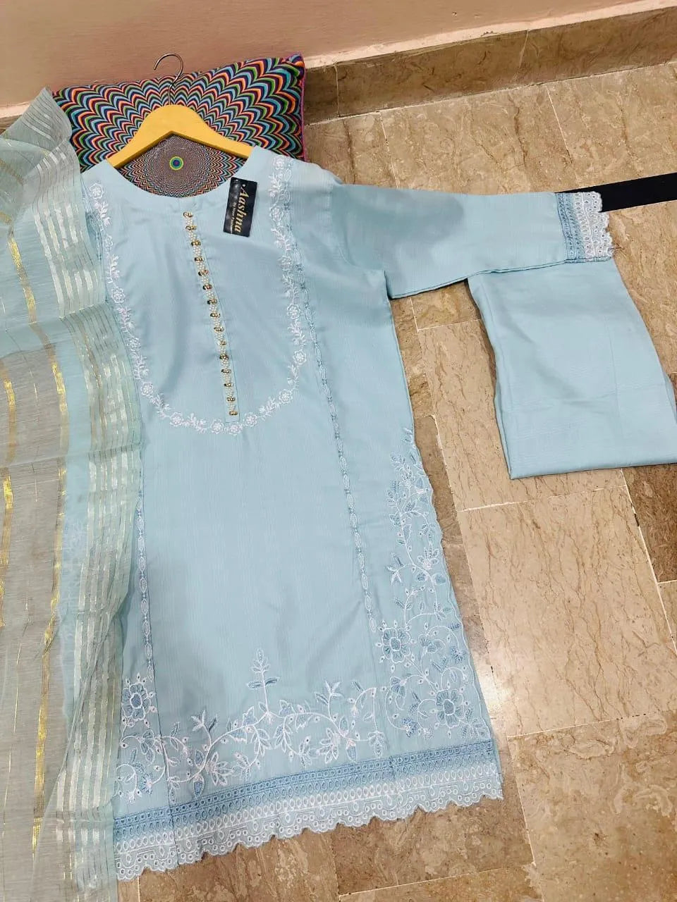 3 Pcs Women's Stitched Cotton Embroidered Suit