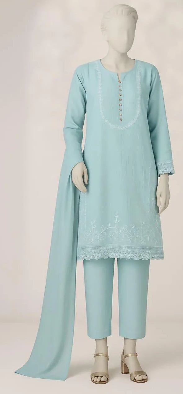 3 Pcs Women's Stitched Cotton Embroidered Suit