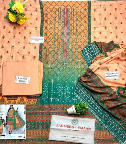 3 Pcs Women's Unstitched Karandi Printed Suit