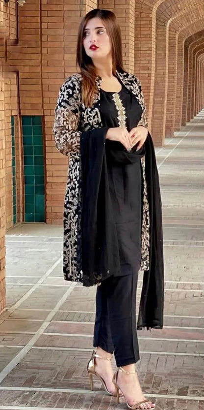 3 Pcs Women's Stitched Shamoz Silk Embroidered Suit