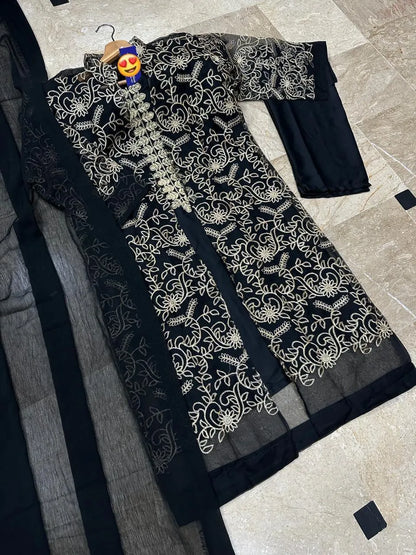 3 Pcs Women's Stitched Shamoz Silk Embroidered Suit