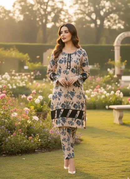 Stylish Women's Stitched Printed Shirt and Trouser Set - 2 Pcs in Crystal Wool and Cotton