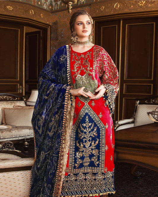 Exquisite Red Embroidered Viscose Unstitched Suit with Trendy Dupatta - 3 Pcs