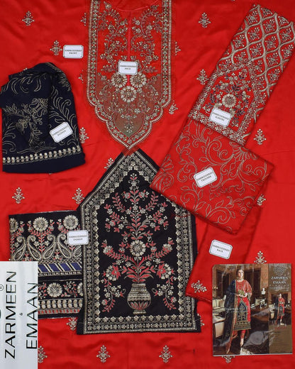 Exquisite Red Embroidered Viscose Unstitched Suit with Trendy Dupatta - 3 Pcs
