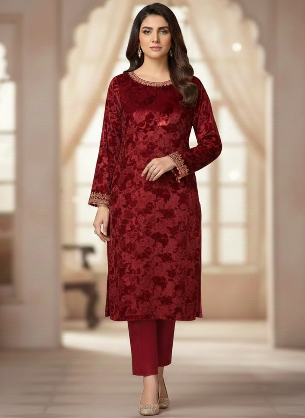 2 Pcs Women's Unstitched Printed velvet Suit