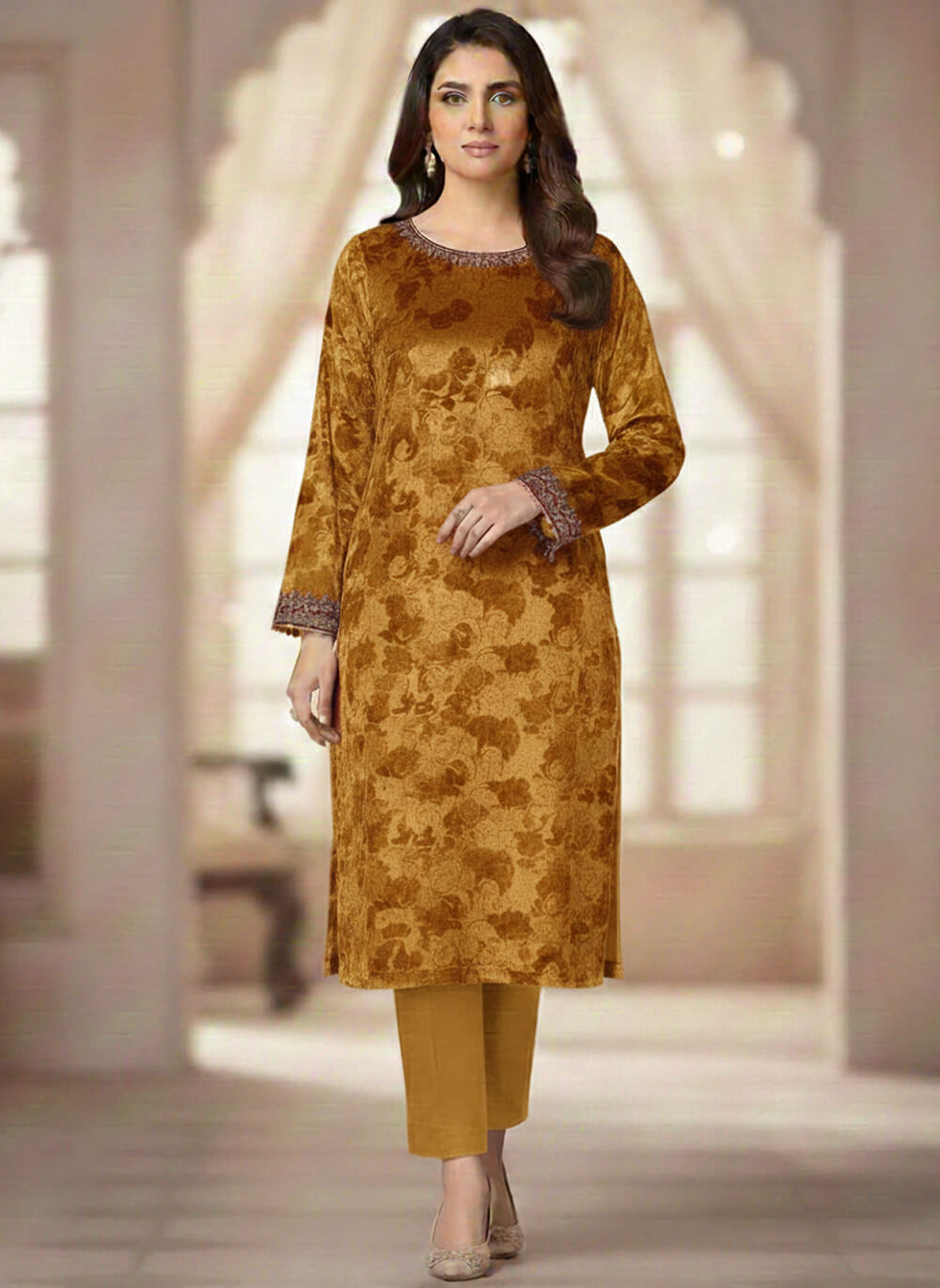 2 Pcs Women's Unstitched Printed velvet Suit