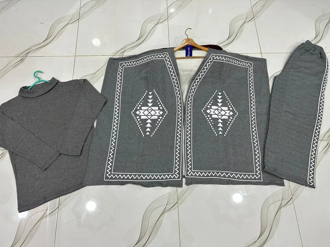 3 Pcs Women's Stitched Fleece Printed Tracksuit