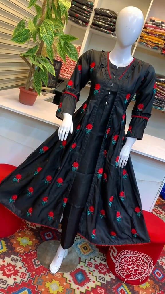 Women's Stitched Embroidered Gown Suit Set - 3 Pcs in Katan Silk