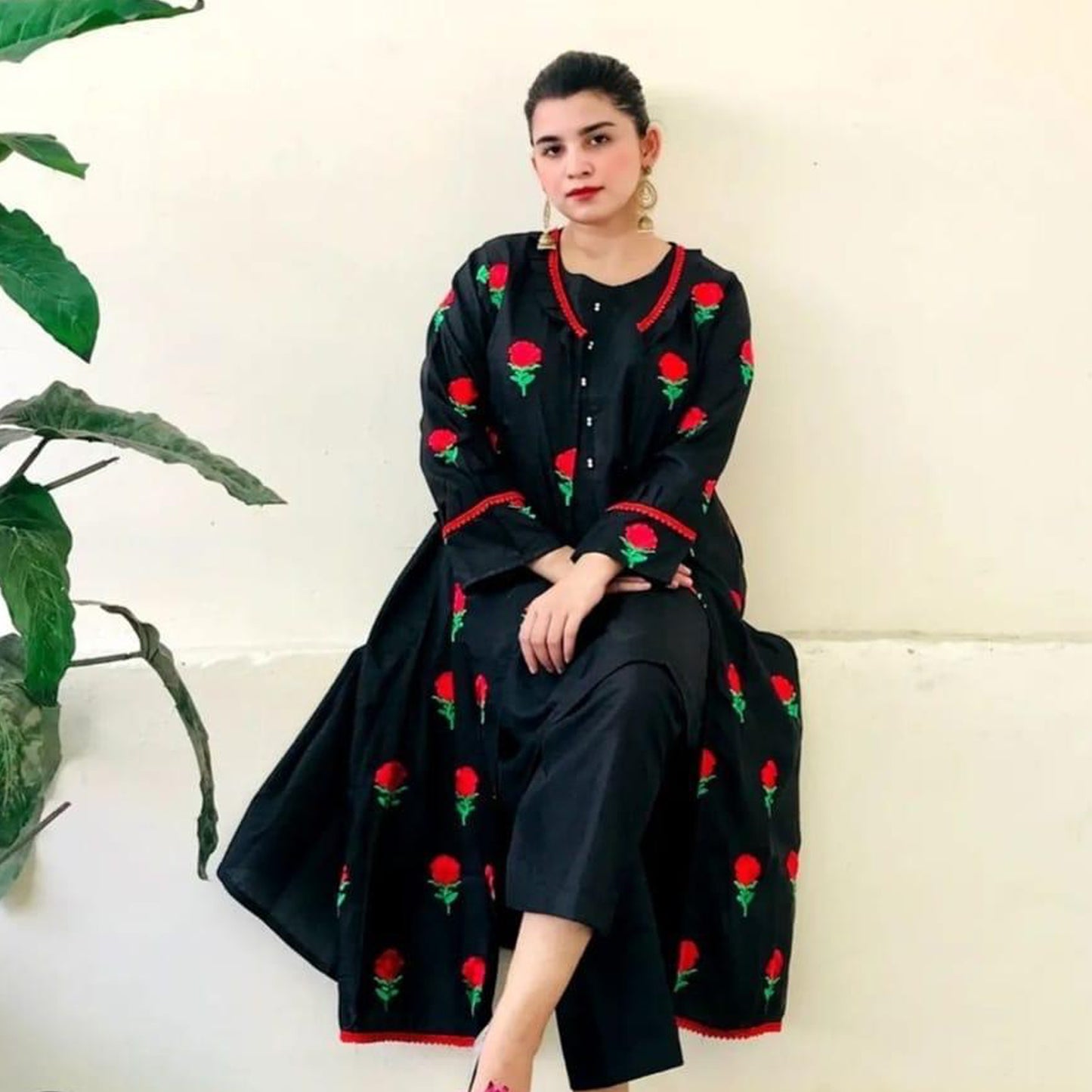 Women's Stitched Embroidered Gown Suit Set - 3 Pcs in Katan Silk