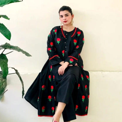 Women's Stitched Embroidered Gown Suit Set - 3 Pcs in Katan Silk